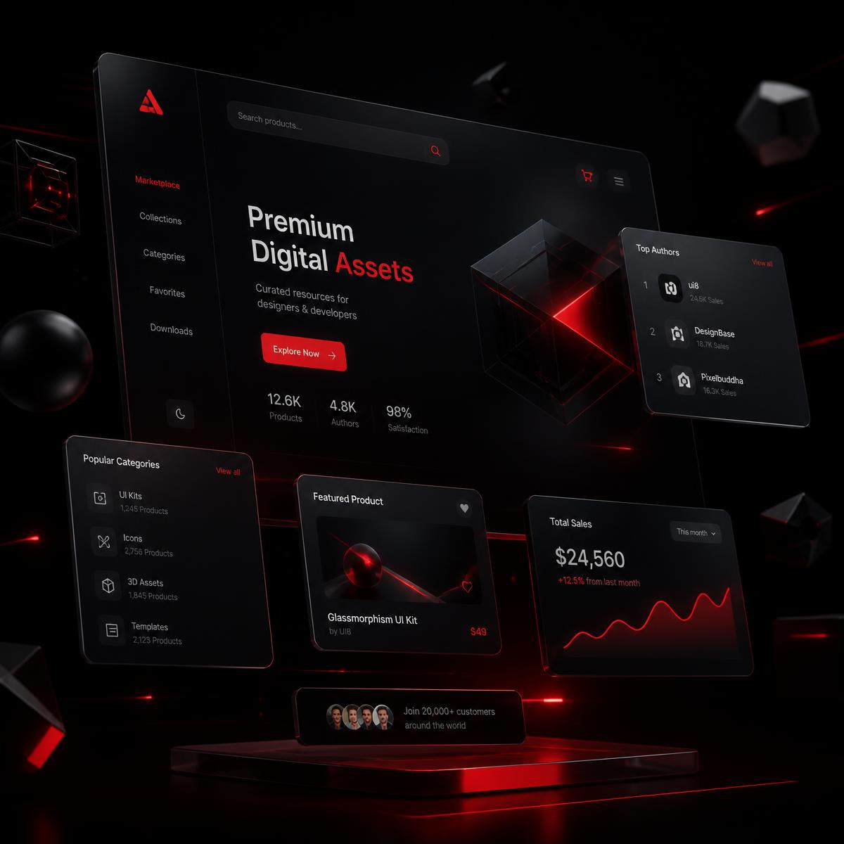 Painel de um marketplace digital premium com cartões de produto e gráficos